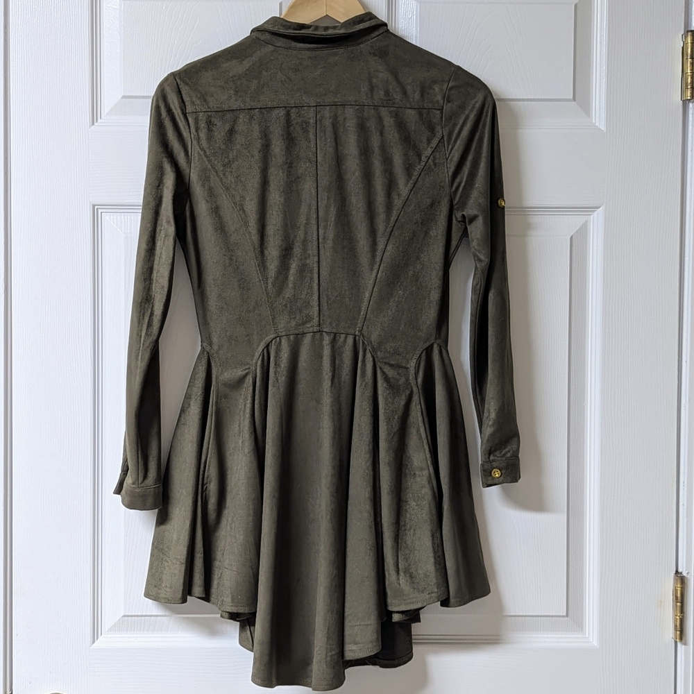 Women's Olive Green Button-Front Flared Suede Shirt Dress - Picture 2 of 14